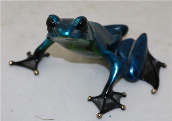 Tim Cotterill. A blue and green lacquered bronze model of a frog, 4.5in., complete with certificate of authenticity